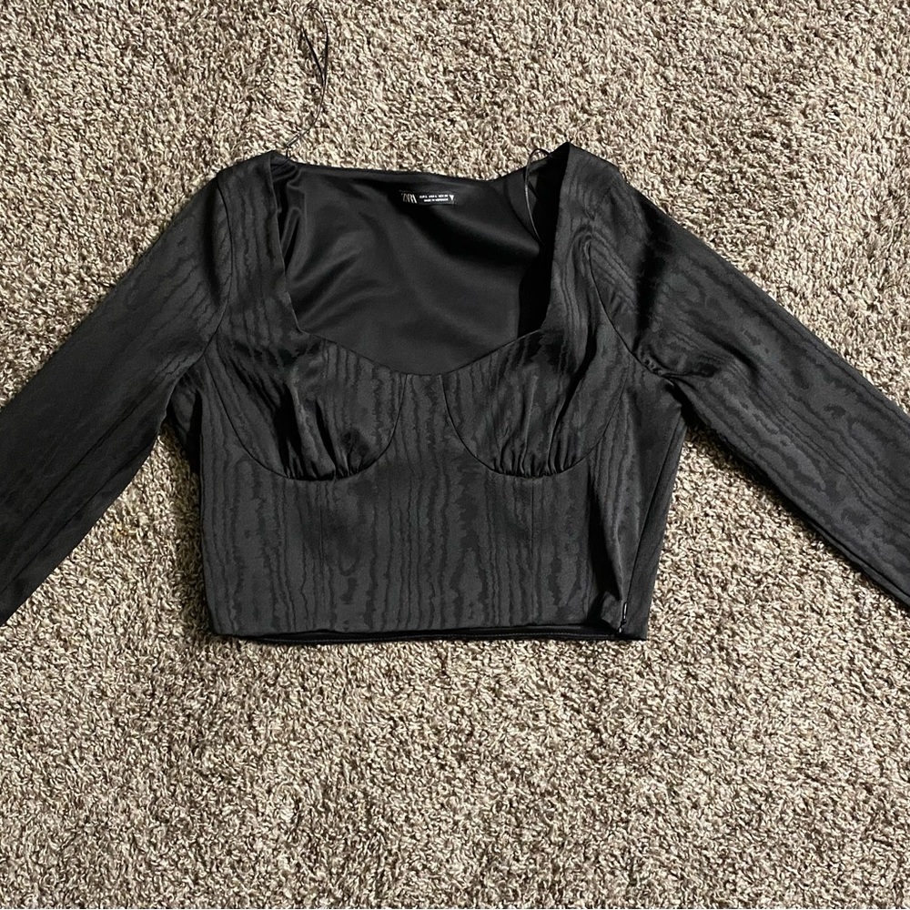 Zara Black Textured Long Sleeve Blouse